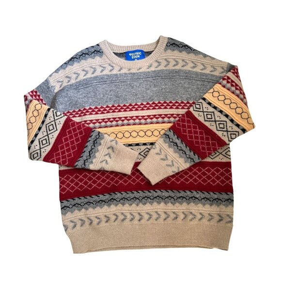 Elfric Eden Knit Sweater M Nordic Pattern Beige Gray Red Pullover Unisex Wool Bl - Picture 1 of 11